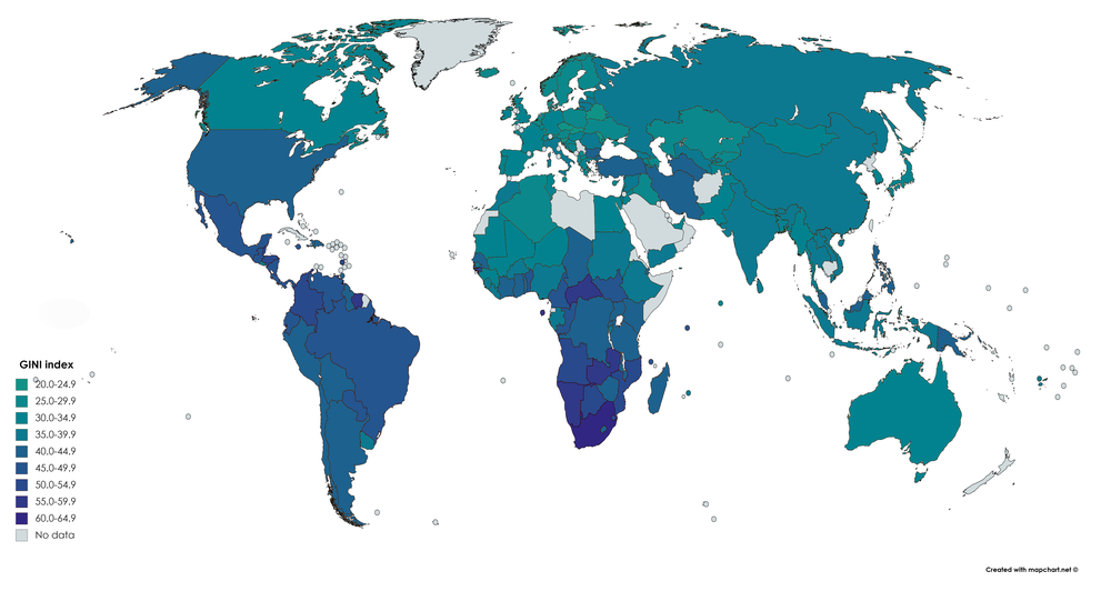 Mapa mundial de Coeficiente de Gini por países. Datos del Banco Mundial, 1992-2018.